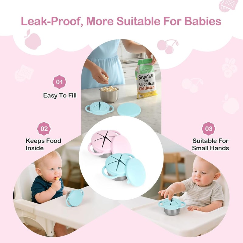Daximo 2 Pack Snack Cups for Toddlers Spill Proof - Detachable Stainless Steel Toddler Snack Cups with Silicone Lids & Handles - Dishwasher Safe Baby Snack Containers (Light blue and Light pink) - Image 2